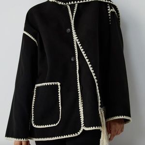 Oversize Contrast Trim Whipstich Embroidered Jacket/ Matching Scarf Size Large